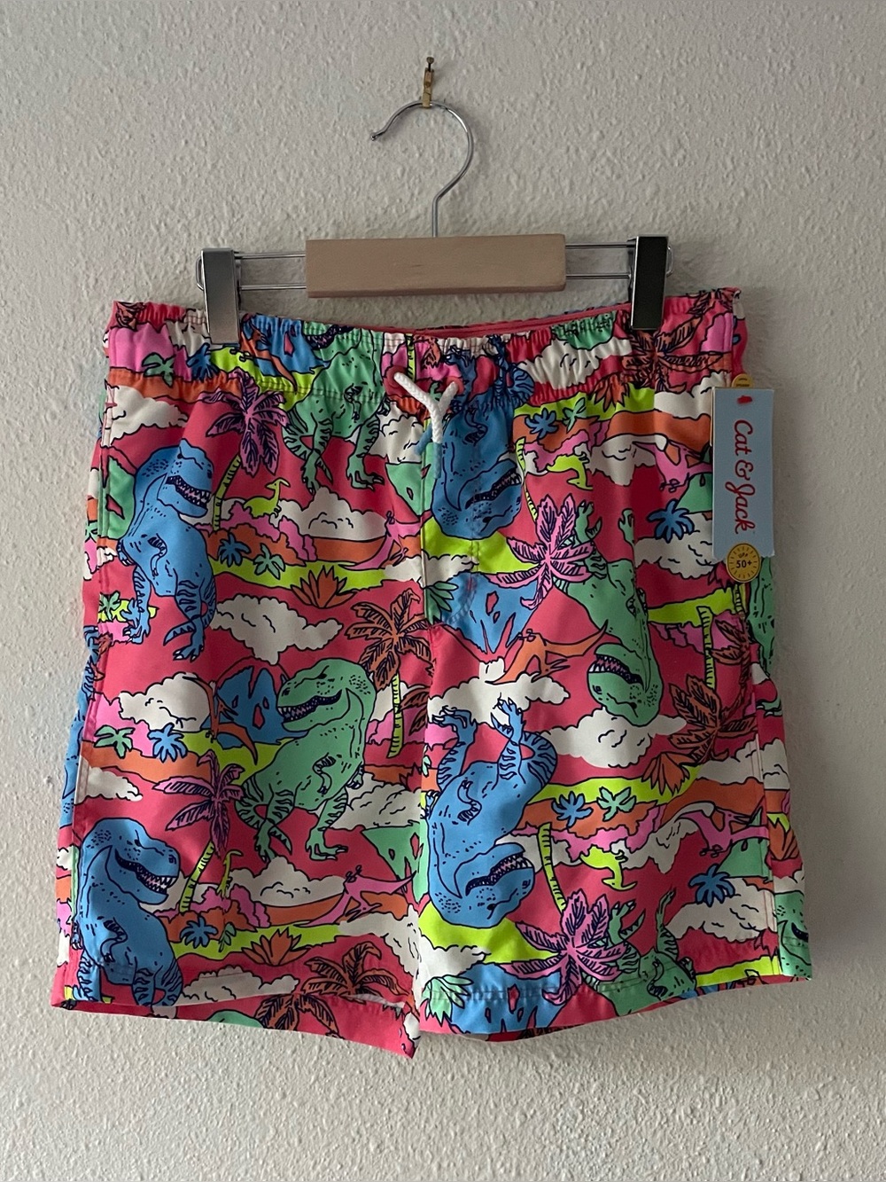 NWT Cat & Jack Boys XL 14 Dinosaur Swim Trunks Pink Tropical UPF 50+ Beach
